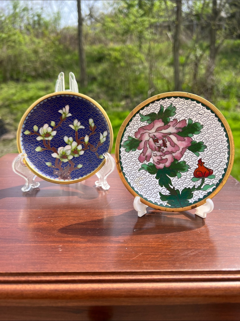 2 Vintage Decorative Floral Cloisonné Small Accent Plate Colorful Trinket Dish